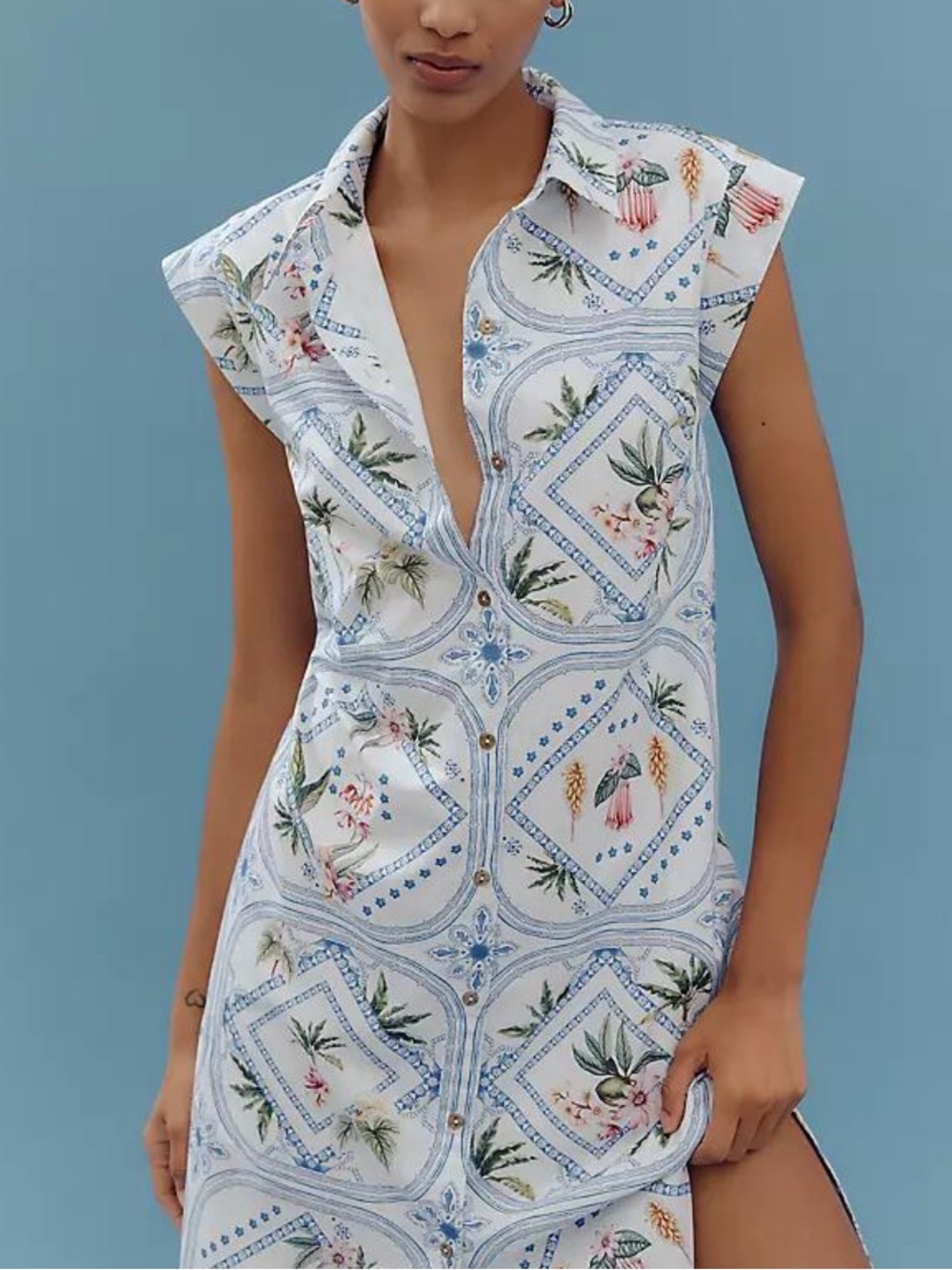 Anthropologie Maeve The Lillian Button Front Midi Shirt Dress Blue Floral Tile S